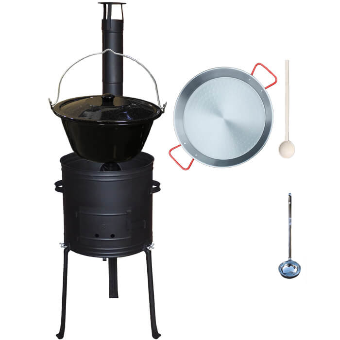 Smaltovaný kotlík 13 L (1,2 mm) + Paella pánev 38 cm + kotlina s vysokými nožičkami 36 cm, žáruvzdorná barva Plus 700
