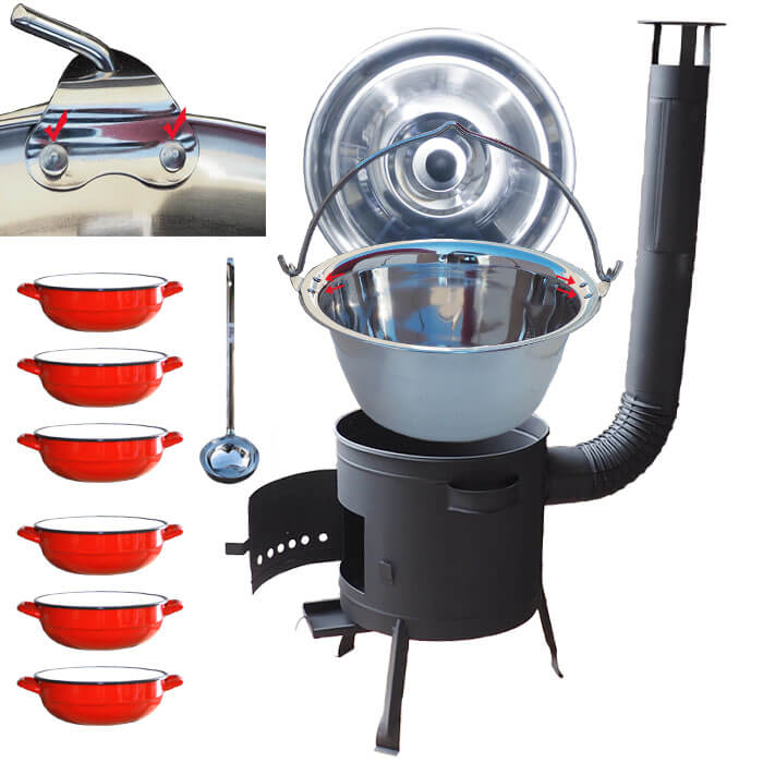Nerezový kotlík 15 L (0,8 mm) s nýty INOX + selské misky 6 ks + nízká žáruvzdorná kotlina 36 cm PLUS 600