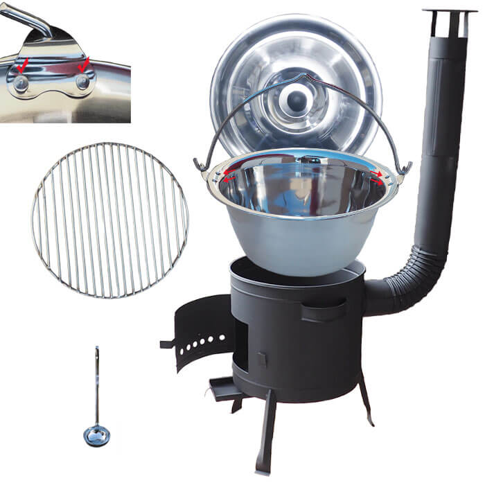 Nerezový kotlík 20 L (0,8 mm) s nýty INOX + Nerezový rošt 45 cm + nízká žáruvzdorná kotlina 42 cm PLUS 600