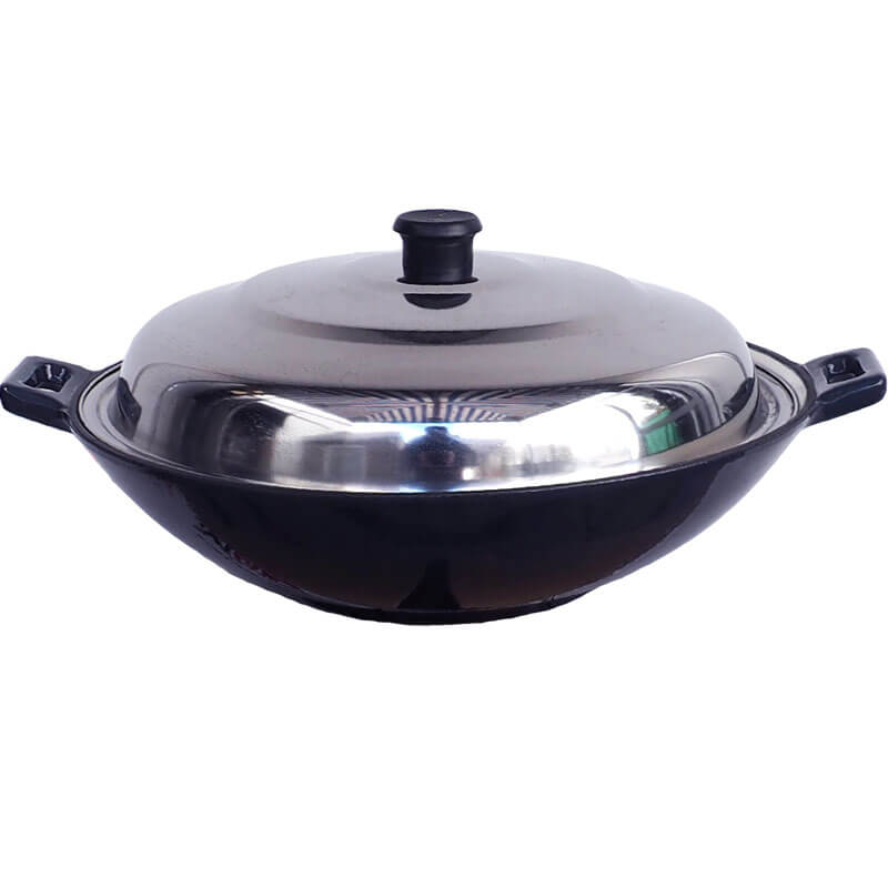 Litinový wok – smaltovaný povrch 37 cm + nerezová poklice