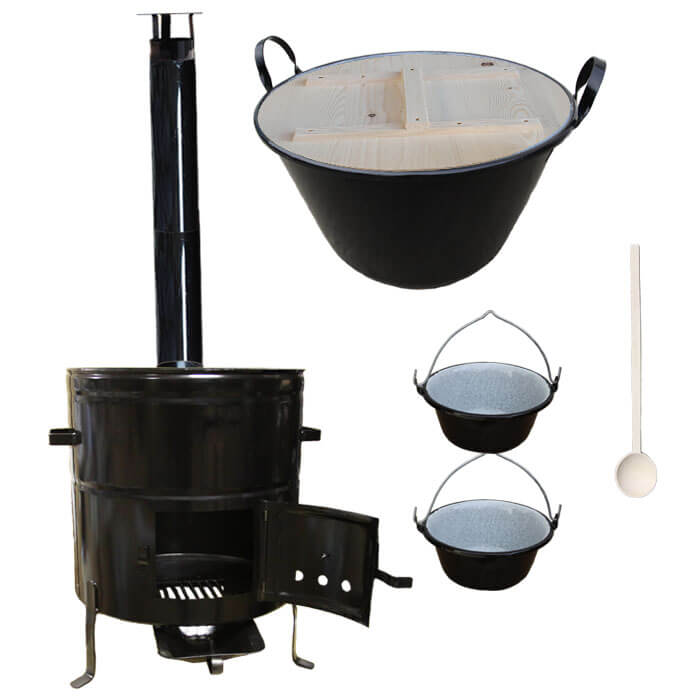 Zabijačkový smaltovaný kotel 100 L + kovová kotlina 58 cm + 2 servírovací kotlíky a kouřovod