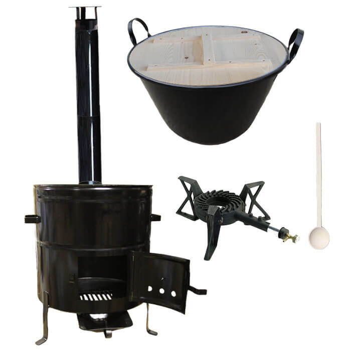 Zabijačkový smaltovaný kotel 100 L + kovová kotlina 60 cm + hořák 7 kW a  kouřovod