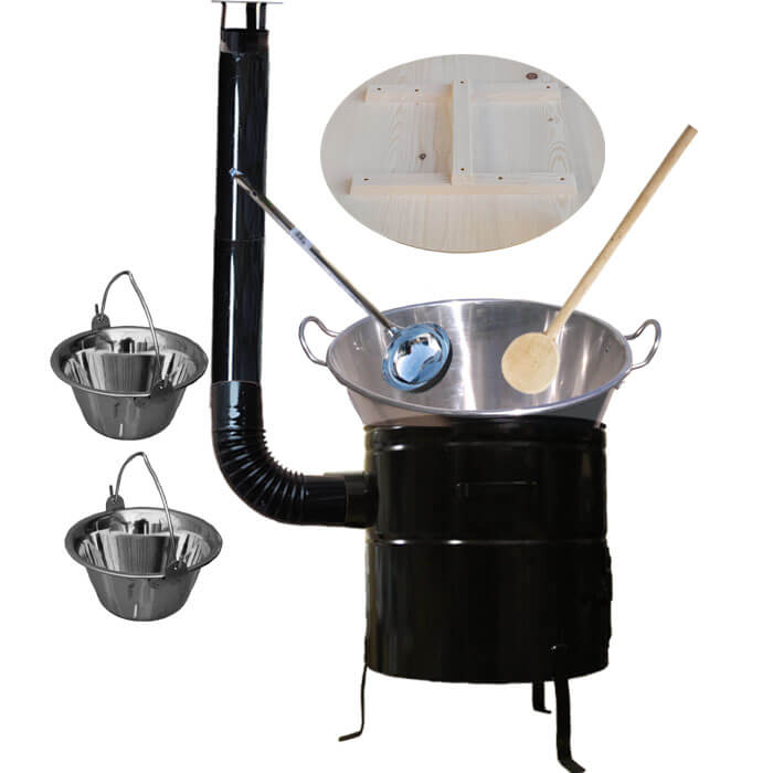 Zabijačkový nerezový kotel 100 L, kovová kotlina 60 cm, smaltovaná poklice + 2 servírovací nerezové kotlíky zdarma