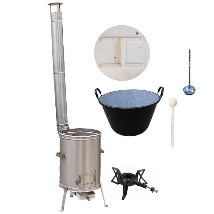 Zabijačkový smaltovaný kotel 100 L + nerezová kotlina 60 cm + hořák 7 kW + vařečka a naběračka