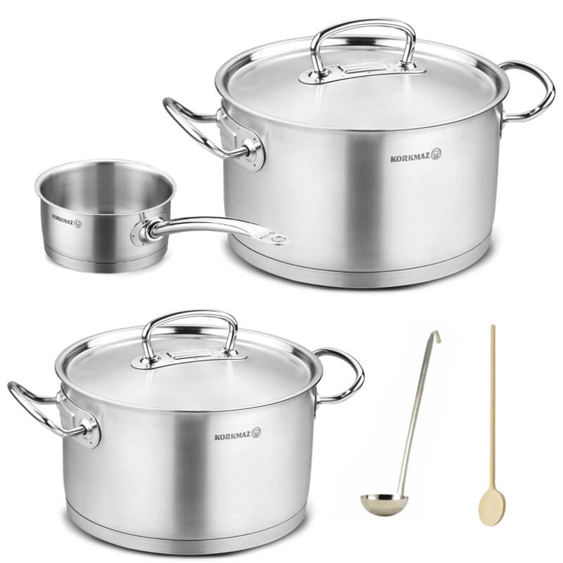 Sada nerezových hrnců s poklicí + rendlík 2 + 1 ks 6 L, 10 L, 2,8 L