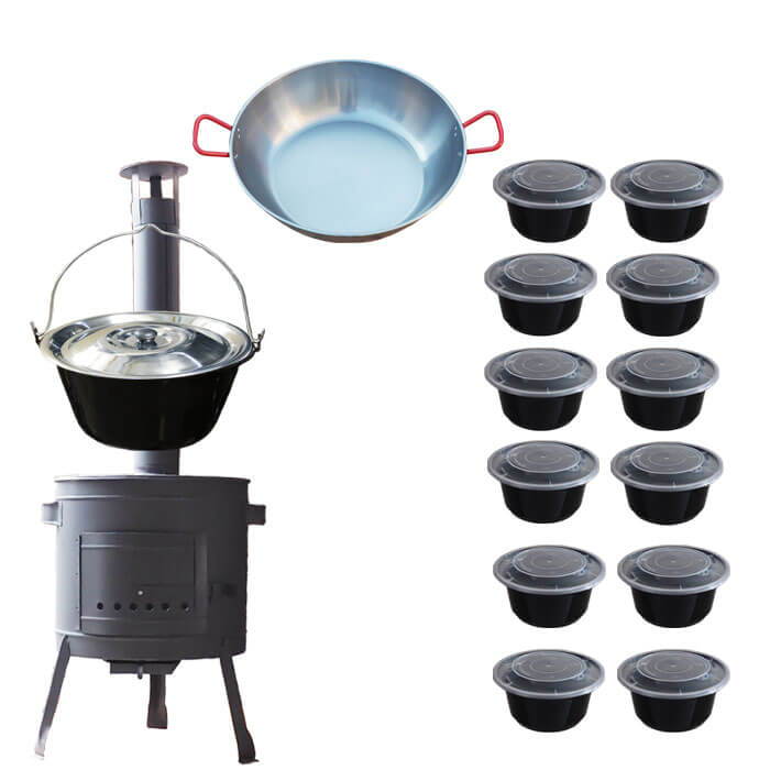 Smaltovaný kotlík 22 L + Pánev PAELLA (WOK) 45 cm + misky 12 ks + nízká kotlina 42 PLUS 600