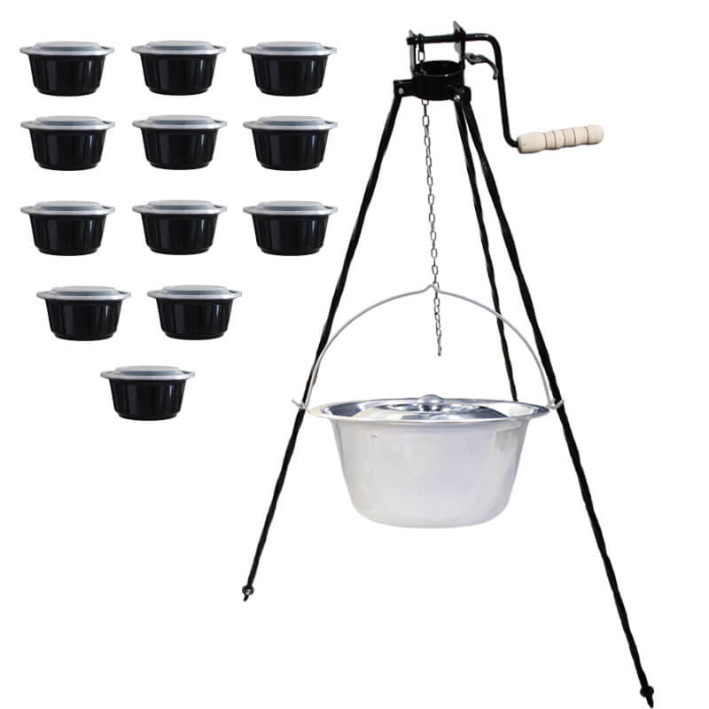 Nerezový kotlík 20 L (0,8 mm) INOX + stojan s kladkou VAR + misky 12 ks