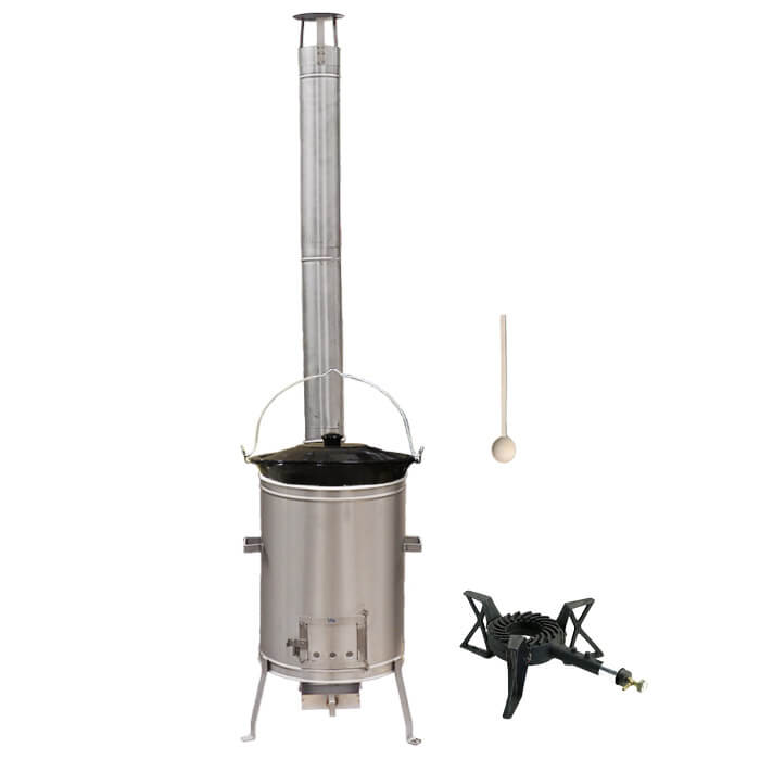 Smaltovaný kotlík 13 L (1,2 mm) + nerezová kotlina 36 cm + litinový hořák 7 kW, vařečka LUX