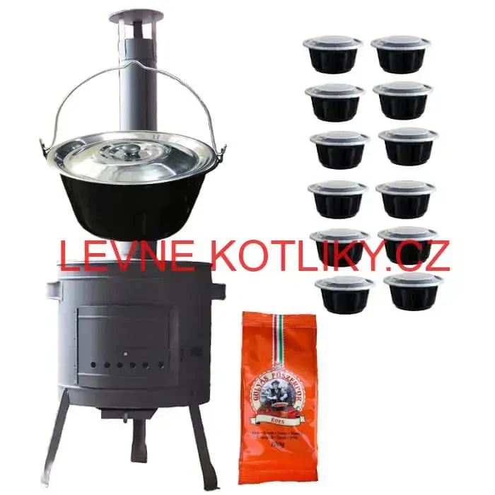 Smaltovaný kotlík 25 L (1,2 mm) + silnostěnná (1,5 mm) žáruvzdorná kotlina BALKY STRONG 42 PLUS 600 + misky 12 ks + paprikové koření na guláš 100 g