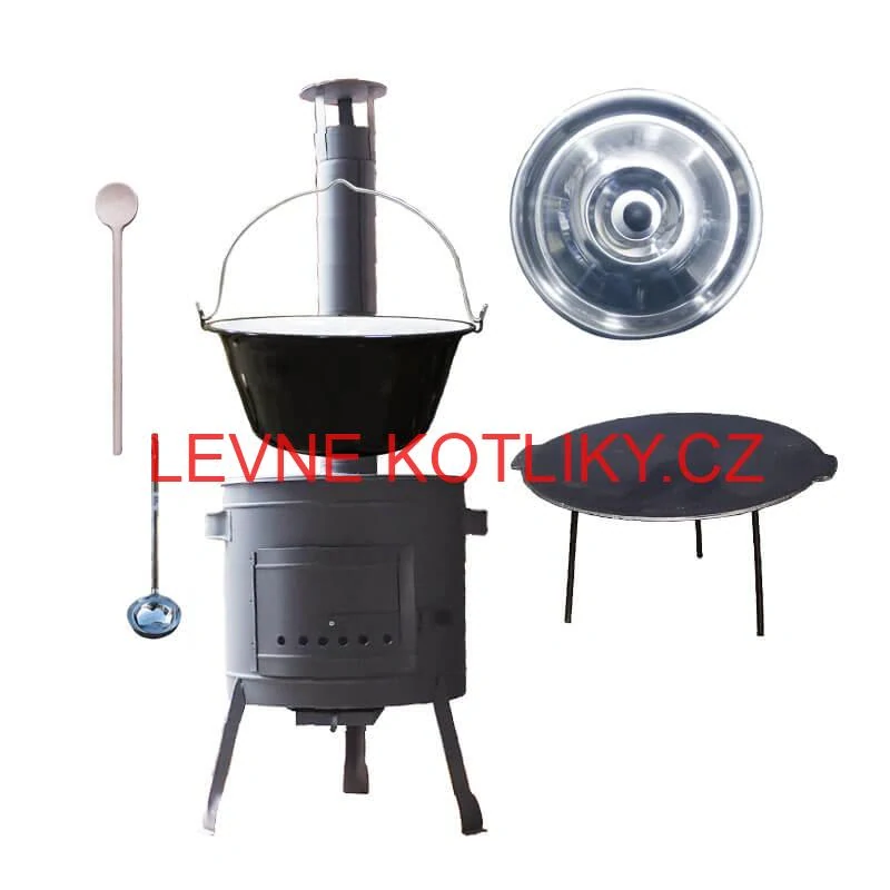 Smaltovaný kotlík 22 L + litinová pánev 45 cm + nízká žáruvzdorná kotlina 42 cm PLUS 600