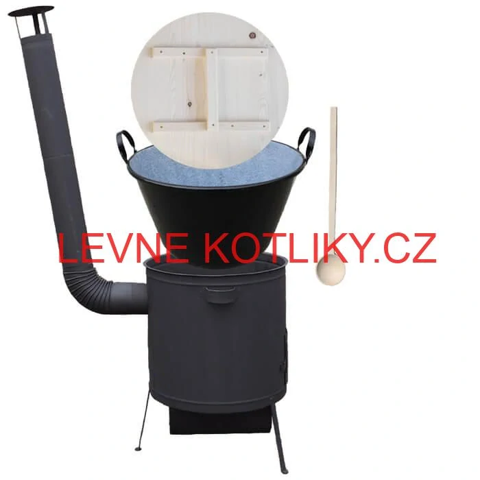 Zabijačkový smaltovaný kotel 100 L, žáruvzdorná kotlina 42 PLUS 600 4 MM, dřevěná poklice + vařečka