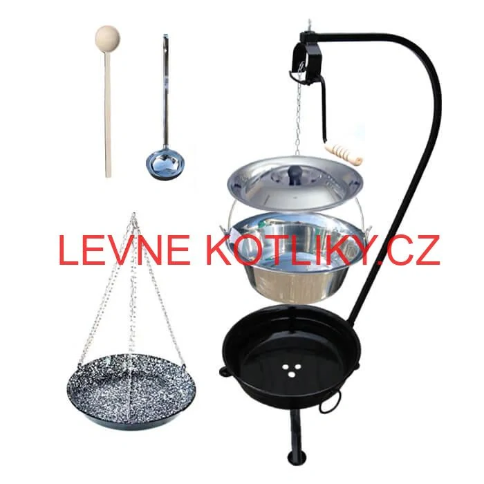 Nerezový kotlík 10 L (0,8 mm) INOX + smaltovaná pánev + ohniště se stojanem as pojistnou kladkou VAR