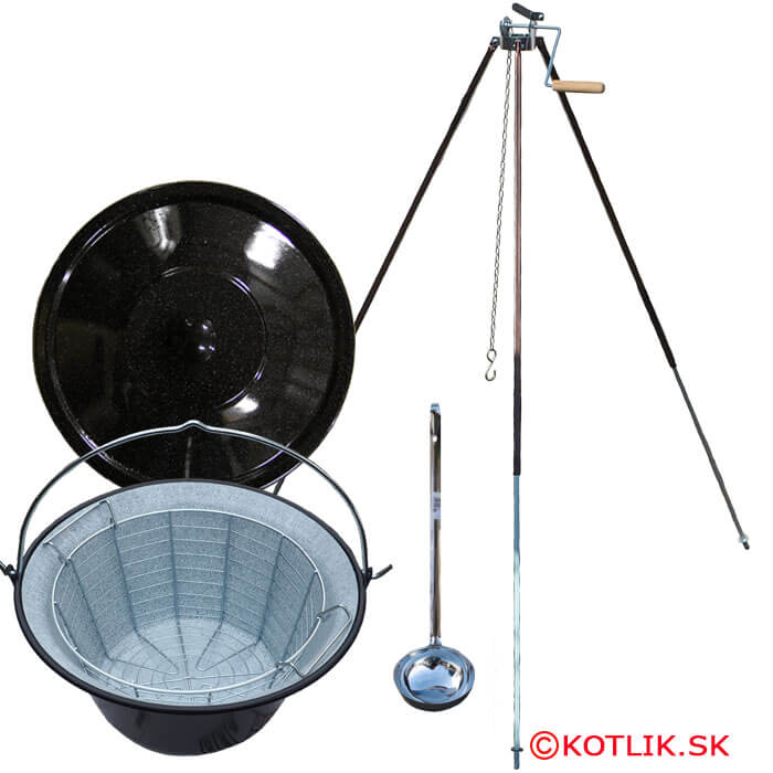 Smaltovaný kotlík 30 L (1,2 mm) + drátěný koš + stojan s kladkou VAR