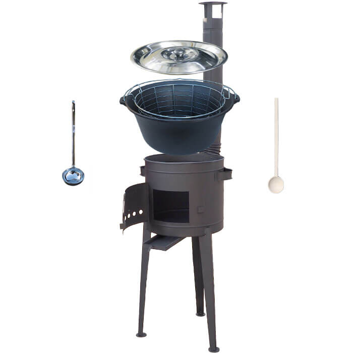 Litinový kotlík 22 L (0,8 cm) + drátěný koš + vysoká žáruvzdorná kotlina 45 PLUS 600