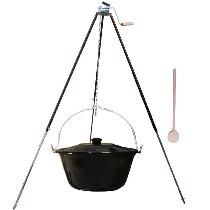 Smaltovaný kotlík 30 L (1,2 mm) + teleskopická trojnožka s pojistnou kladkou + poklice