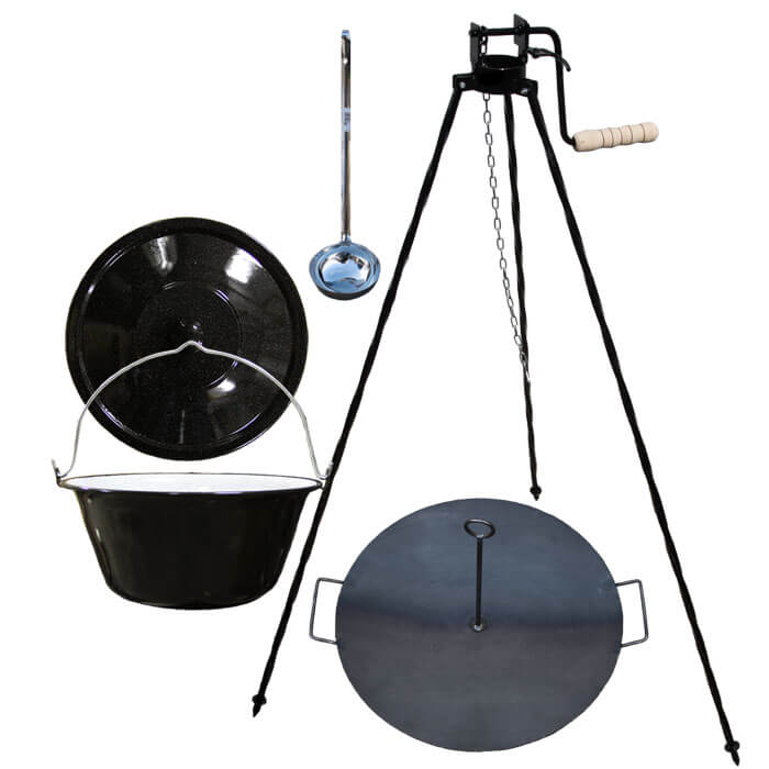 Smaltovaný kotlík 16 L (1,2 mm) + pánev na grilování a stojan s kladkou VAR