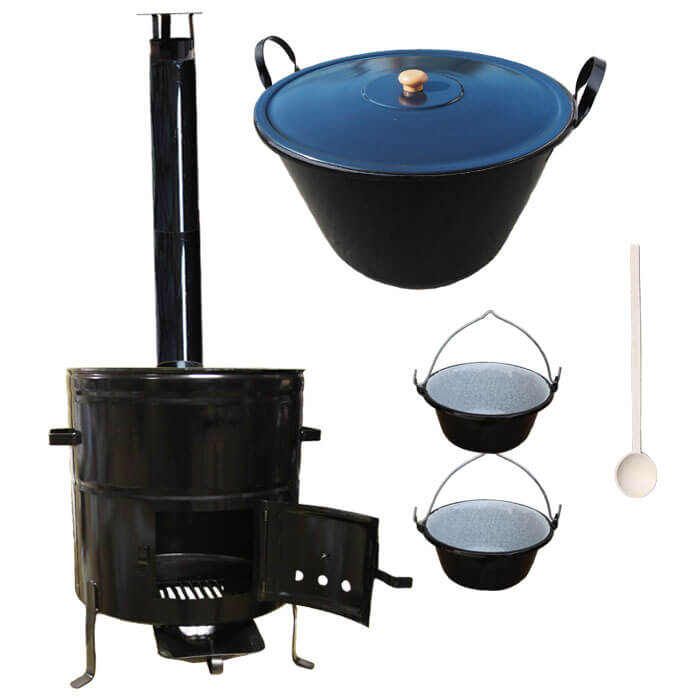 Zabijačkový smaltovaný kotel 60 L + kovová kotlina 53 cm + 2 servírovací kotlíky a kouřovod