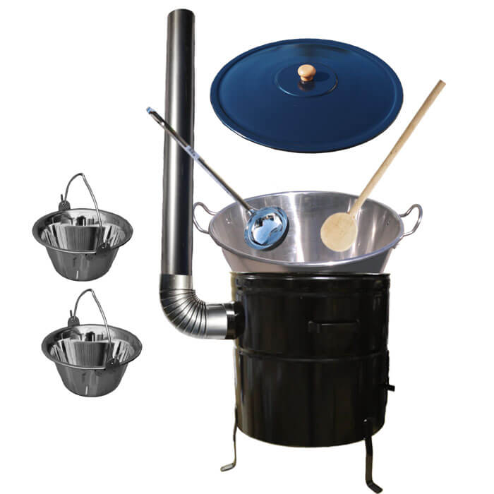 Zabijačkový nerezový kotel 70 L, kovová kotlina 56 cm, smaltovaná poklice + 2 servírovací nerezové kotlíky zdarma