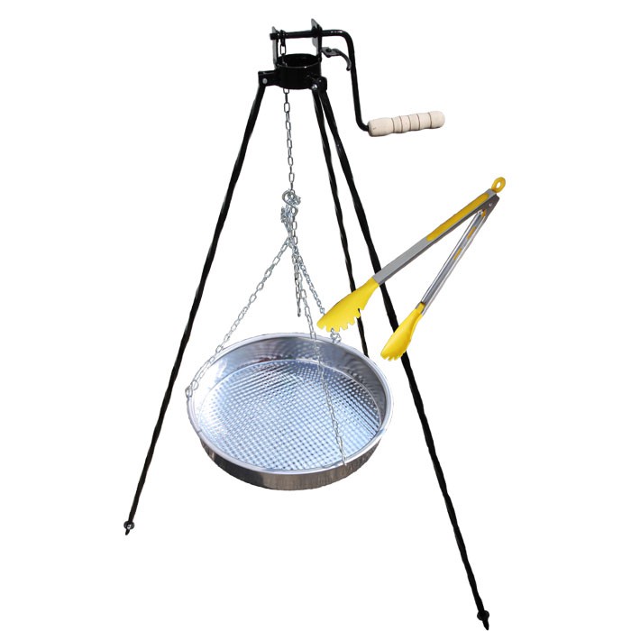 Nerezová pánev s řetízkem 42 cm + trojnožka s pojistnou kladkou a obracečka na maso GRILL PARTY 2