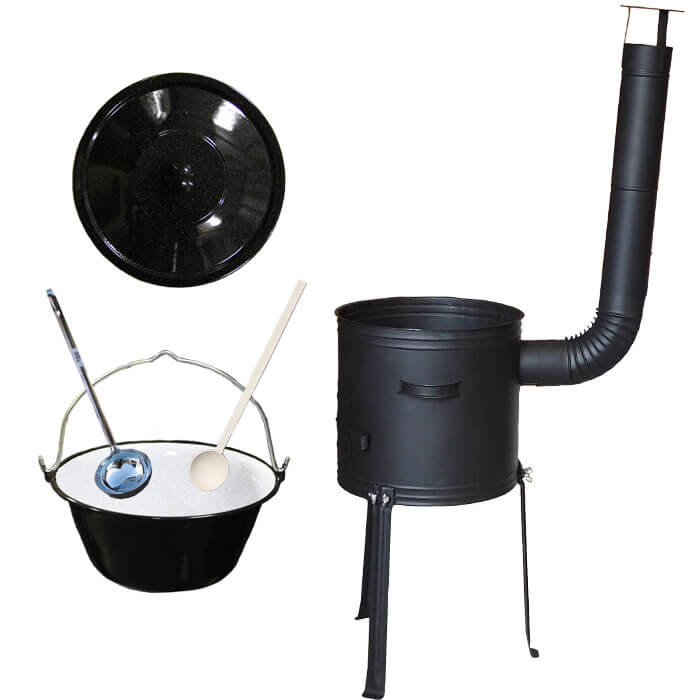 Smaltovaný kotlík 25 L (1,2 mm) + kovová kotlina s vysokými nožičkami 42 cm + vařečka a naběračka