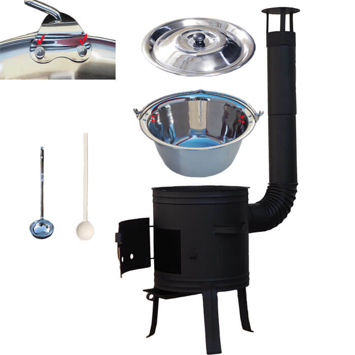 Nerezový kotlík 10 L (0,8 mm) s nýty + nízká žáruvzdorná kotlina 33 cm PLUS 700 + vařečka a naběračka
