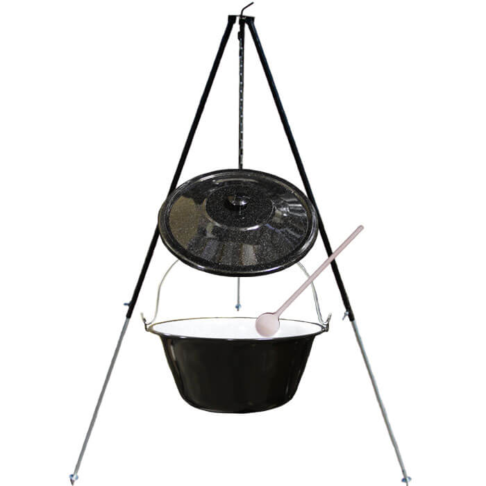 Smaltovaný kotlík 40 L  + poklice + teleskopicka trojnožka 1,7 m