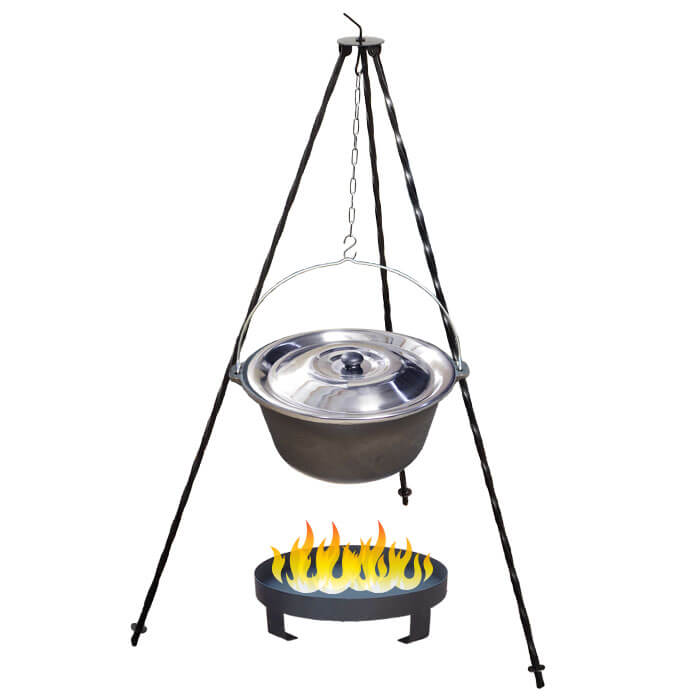 Litinový kotlík 7,2 L + nerezová poklice + trojnožka 1,2 m + ohniště 36 cm