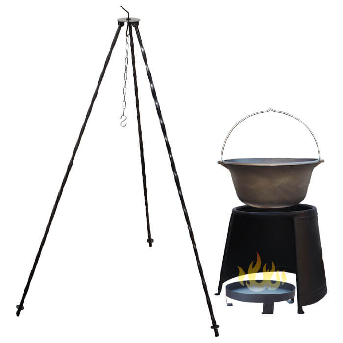 Litinový kotlík 10,8 L + chránič plamene 37 cm + ohniště 36 cm + trojnožka 1,2 m