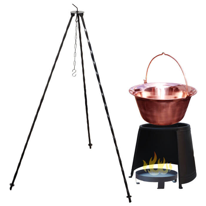 Měděný kotlík 10 L (1,2 mm) + chránič plamene 37 cm + ohniště 36 cm + trojnožka 1,2 m