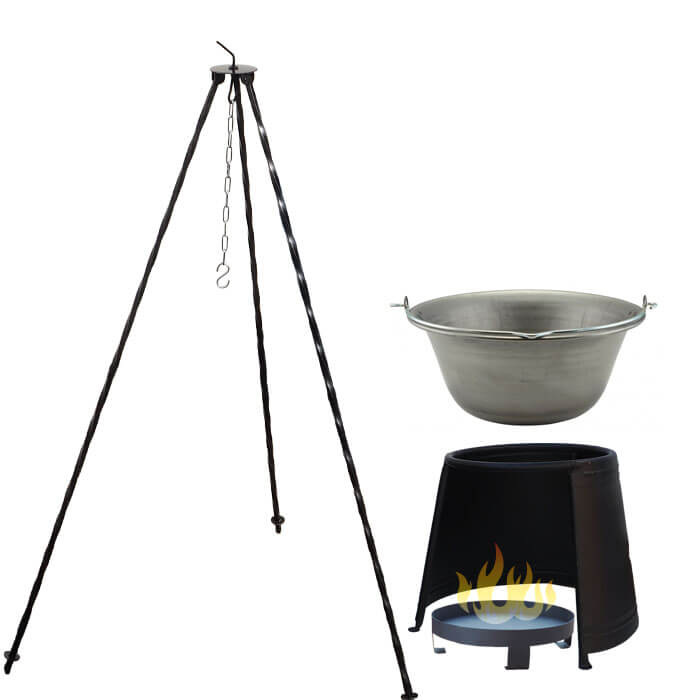 Železný kotlík 10 L (0,75 mm) + chránič plamene 37 cm + ohniště 36 cm + trojnožka 1,2 m