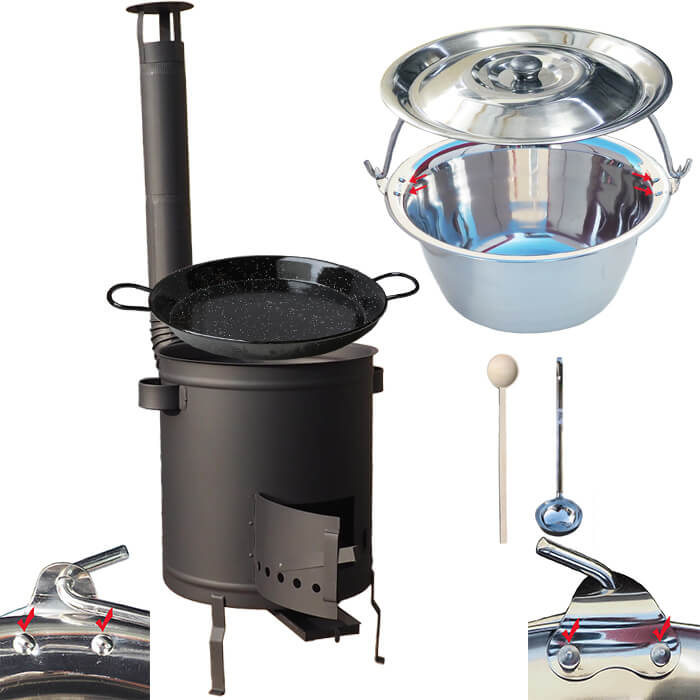 Nerezový kotlík 15 L (0,8 mm) zesílený s nýty + Paella pánev 38 cm + silnostěnná (1,5 mm) žáruvzdorná kotlina 36 PLUS 600