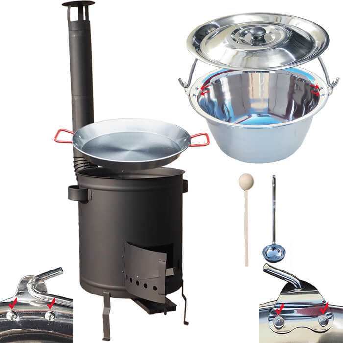 Nerezový kotlík 15 L (0,8 mm) zesílený s nýty + Paella pánev 38 cm + silnostěnná (1,5 mm) žáruvzdorná kotlina 36 PLUS 600