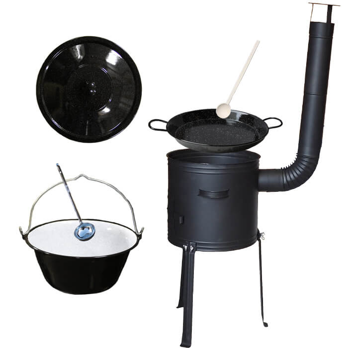 Smaltovaný kotlík 20 L + Paella pánev 46 cm + kovová kotlina s vysokými nožičkami 42 cm, žáruvzdorná barva Plus 700