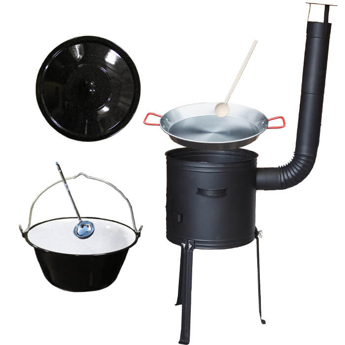 Smaltovaný kotlík 20 L + Paella pánev 46 cm + kovová kotlina s vysokými nožičkami 42 cm, žáruvzdorná barva Plus 700