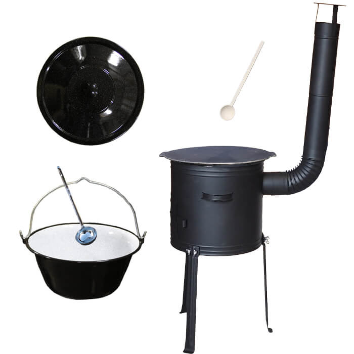 Smaltovaný kotlík 25 L + Litinová pánev 45 cm + kovová kotlina s vysokými nožičkami 42 cm, žáruvzdorná barva Plus 700