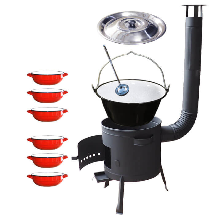Smaltovaný kotlík 25 L + selské misky 6 ks + nízká žáruvzdorná kotlina 42 cm PLUS 600