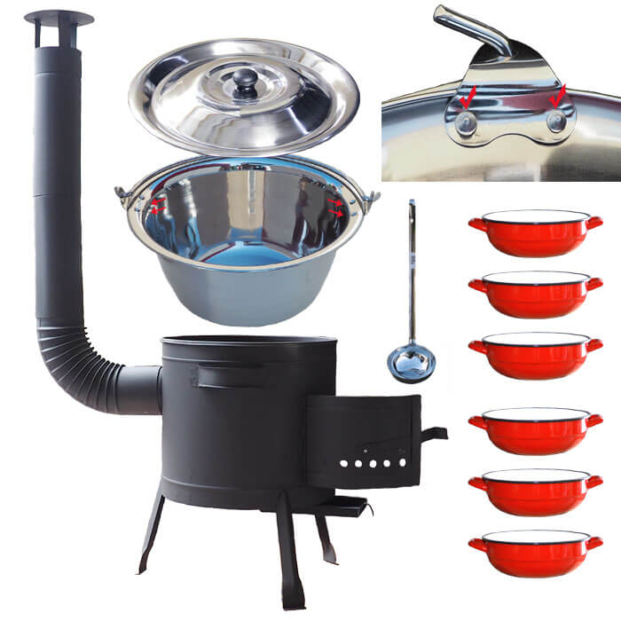 Nerezový kotlík 15 L (0,8 mm) s nýty INOX + selské misky 6 ks + nízká žáruvzdorná kotlina 36 cm PLUS 600
