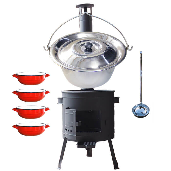 Nerezový kotlík 22 L (0,8 mm) INOX + selské misky 4 ks + nízká žáruvzdorná kotlina 42 cm PLUS 600