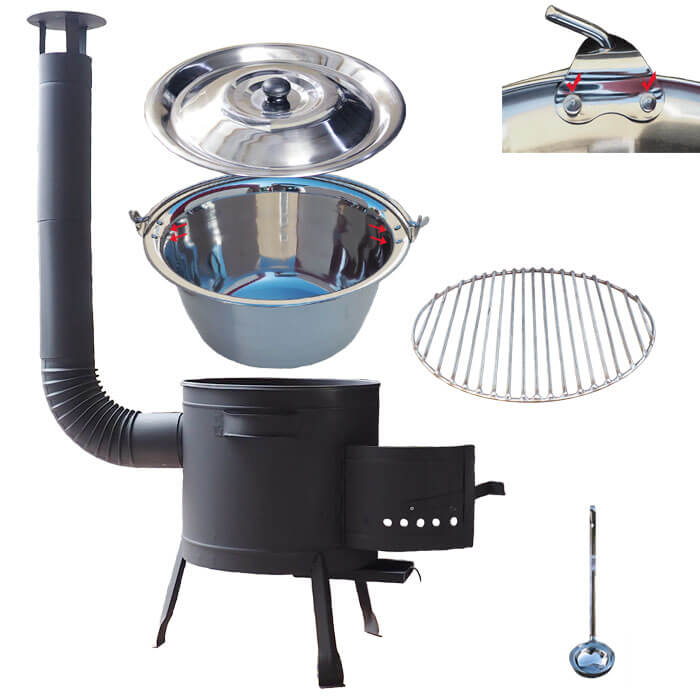 Nerezový kotlík 20 L (0,8 mm) s nýty INOX + Nerezový rošt 45 cm + nízká žáruvzdorná kotlina 42 cm PLUS 600