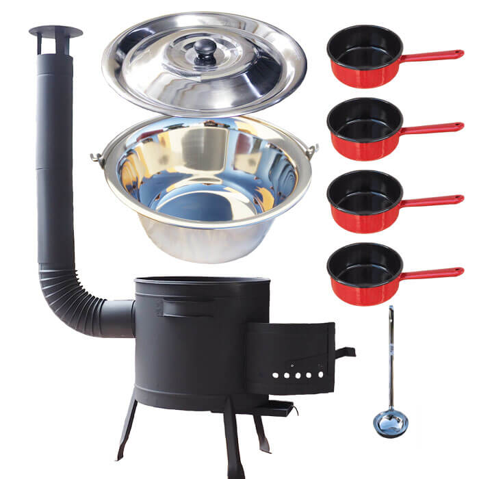Nerezový kotlík 22 L (0,8 mm) INOX + smaltované rendlíky 4 ks + nízká žáruvzdorná kotlina 42 cm PLUS 600