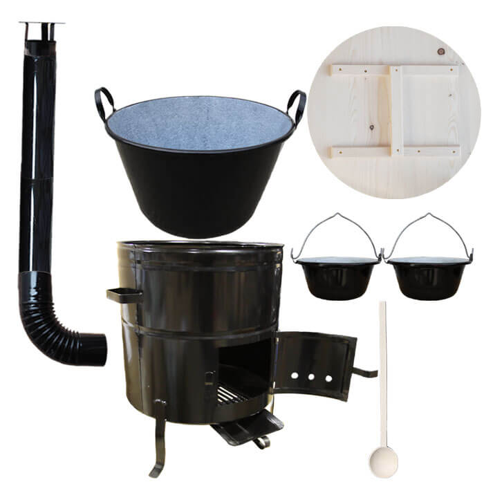 Zabijačkový smaltovaný kotel 100 L + kovová kotlina 58 cm + 2 servírovací kotlíky a kouřovod