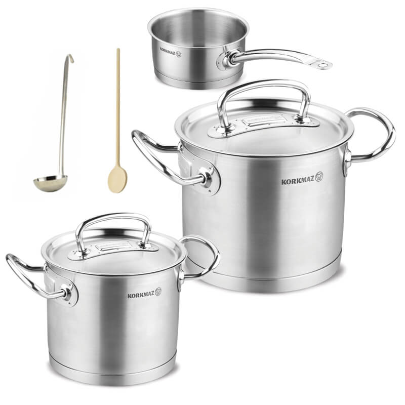 Sada nerezových hrnců s poklicí + rendlík 2 + 1 ks 5 L, 9 L, 1,5 L