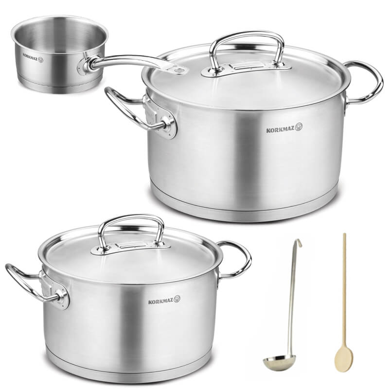 Sada nerezových hrnců s poklicí + rendlík 2 + 1 ks 6 L, 10 L, 2,8 L