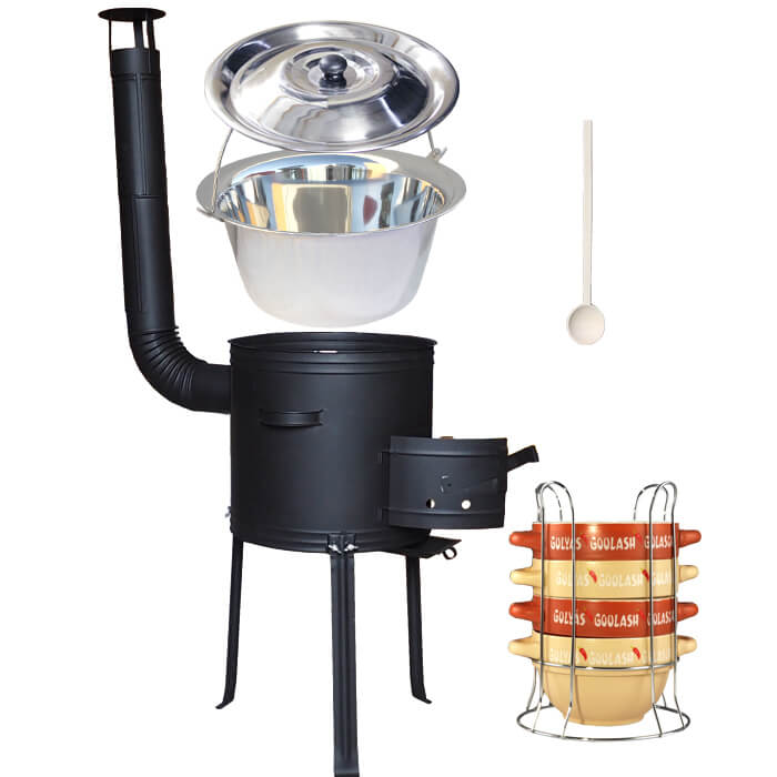 Nerezový kotlík 22 L (0,8 mm) INOX + misky na guláš 4 ks + nízká žáruvzdorná kotlina 42 PLUS 700