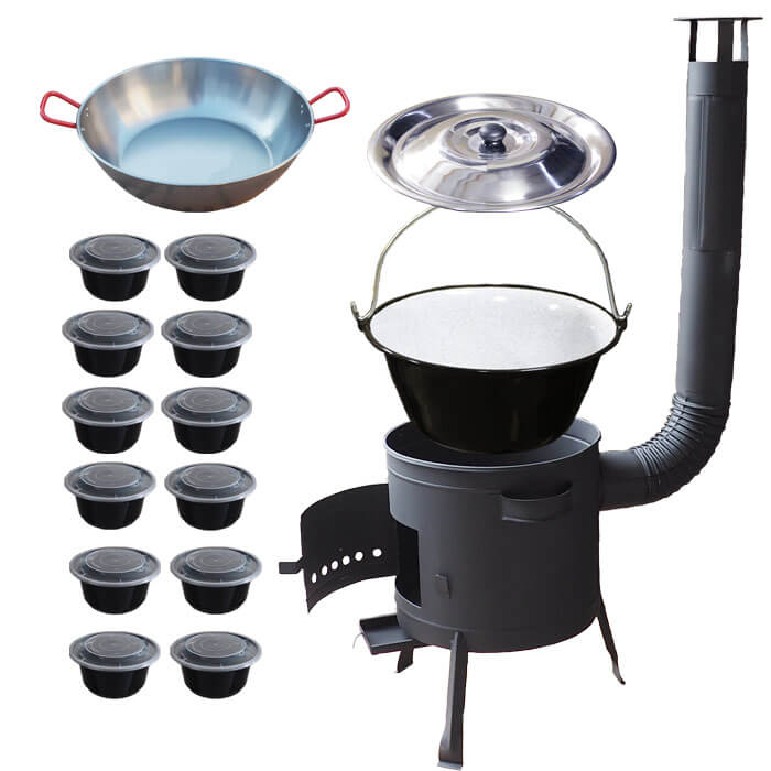 Smaltovaný kotlík 22 L + Pánev PAELLA (WOK) 45 cm + misky 12 ks + nízká kotlina 42 PLUS 600