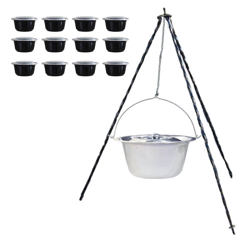 Nerezový kotlík 10 L (0,8 mm) INOX + poklice + trojnožka 1,20 m + misky 12 ks