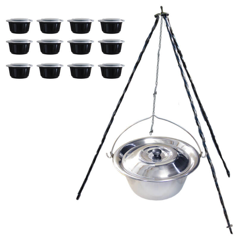 Nerezový kotlík 14 L (0,8 mm) INOX poklice + trojnožka 1,20 m + misky 12 ks