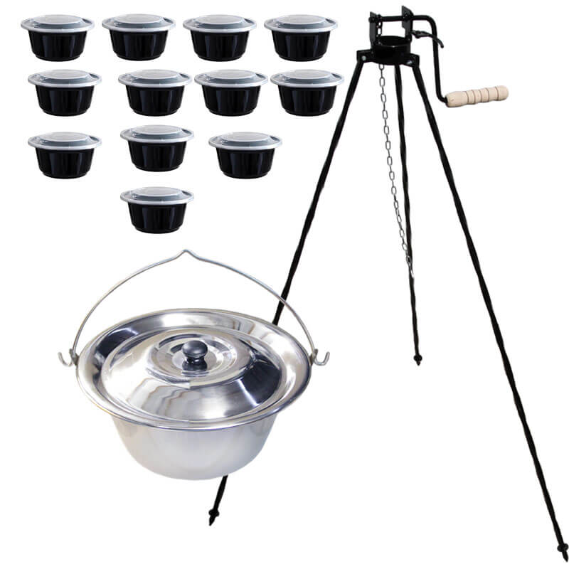 Nerezový kotlík 14 L (0,8 mm) INOX + stojan s kladkou VAR + misky 12 ks