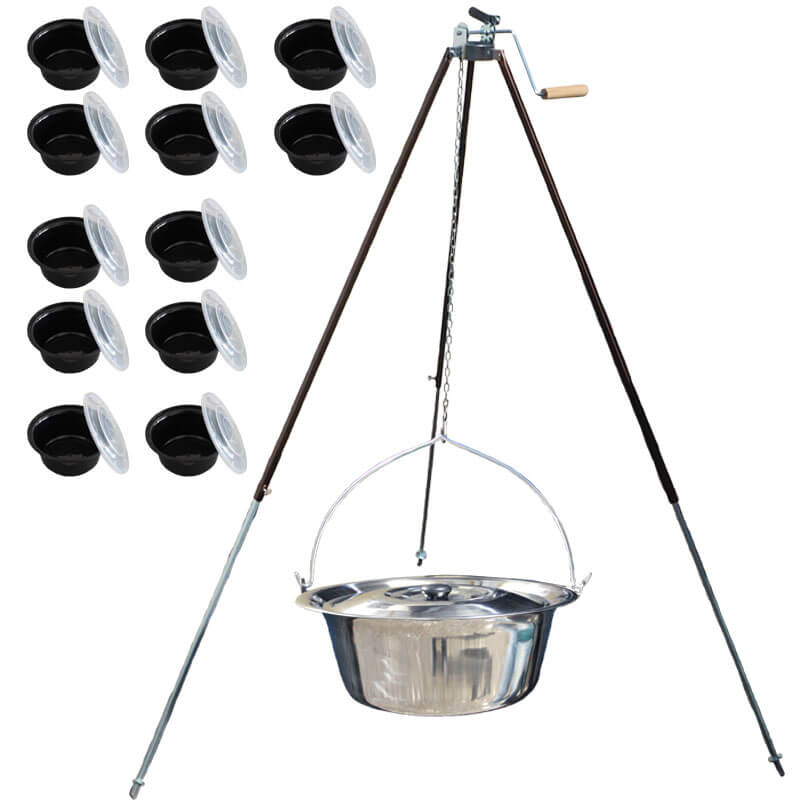 Nerezový kotlík 30 L (1,2 mm) + teleskopická trojnožka s pojistnou kladkou + misky 12 ks