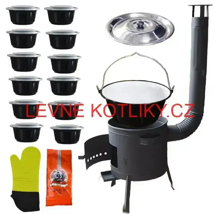 Smaltovaný kotlík 22 L (1,2 mm) + misky 12 ks + nízká žáruvzdorná kotlina (1,5 mm) 42 PLUS 600